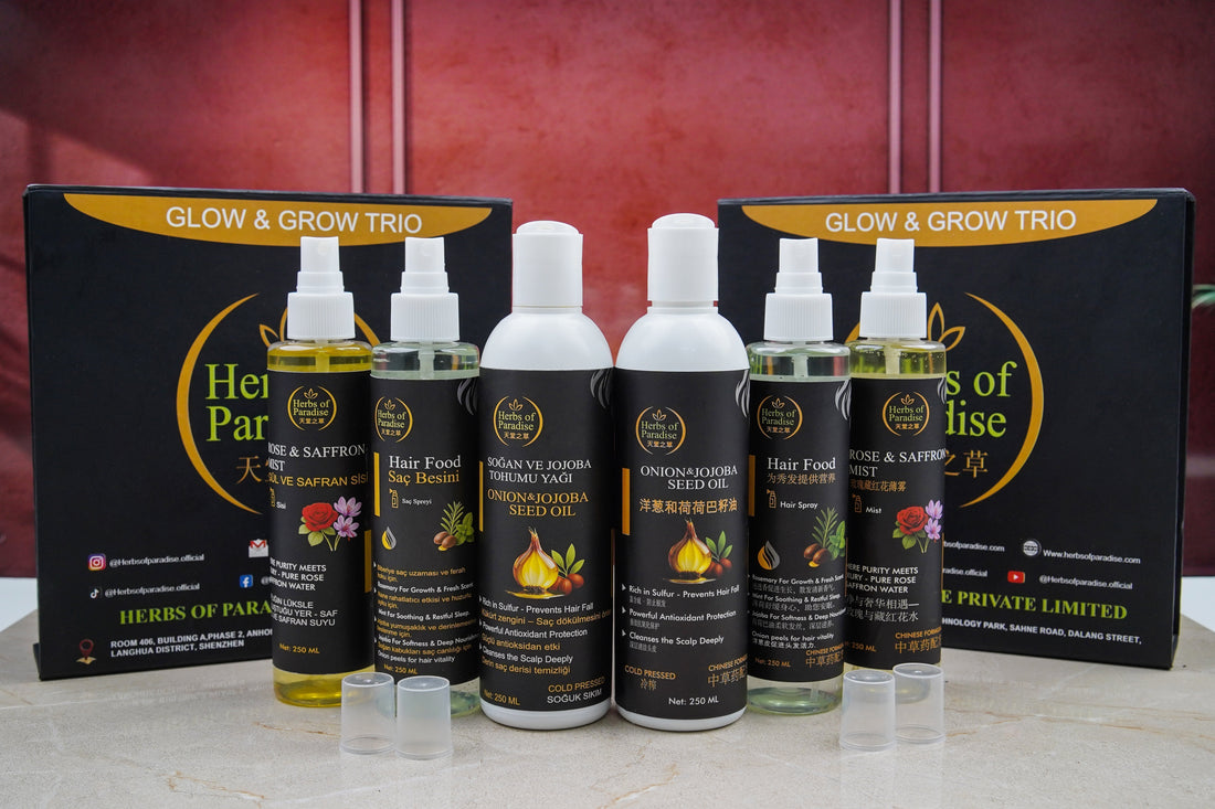 "Herbs of Paradise 3-in-1 natural care kit – onion jojoba hair oil, hair food spray, and rose saffron face mist"